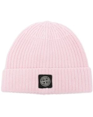 Stone Island Light Wool Knitted Beanie With Compass Patch Accessories - Pink