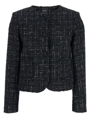 Plain Black Jacket With Round Neck And Front Button Closure In Tweed Woman