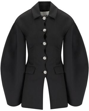 Ganni Single-Breasted Scuba Blazer - Black