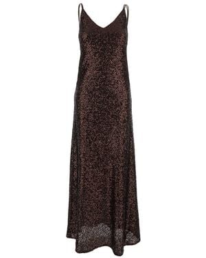 Plain Long Dress With Shoulder Straps And All-Over Sequins - Brown