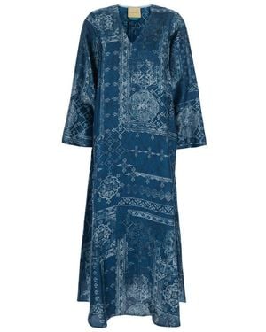 Momoní 'garcia' Blue Long Dress With V-neck And All-over Print In Silk Woman