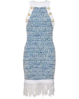 Balmain Fringed Bouclé Tweed Mini Dress - Blue