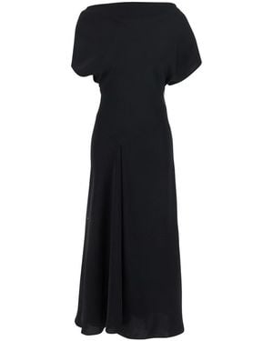 Plain Long Dress With Square Neckline And Short Sleeves - Black