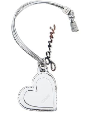 Ganni 'bou Heart' Metallic Mirror With Logo Lettering Pendant And Heart Charm In Metal Woman - White