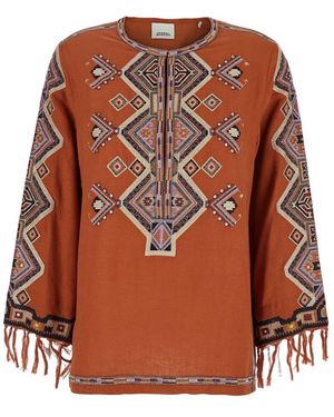 Isabel Marant 'Zelda' Blouse With Fringed Cuffs And All-Over Beaded Embroidery - Brown