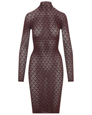 Wolford High-Neck Lace Midi Dress With Scallop Detail And Fitted Silhouette - Brown