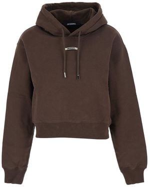 Jacquemus 'le Hoodie Gros Grain' Brown Cropped Hoodie With Drawstring Hood And Logo Patch On The Front In Cotton Woman