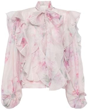Zimmermann Crush Floral-Print Ruffled Linen-Blend Blouse - Pink