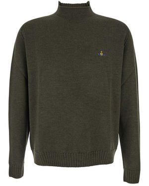 Vivienne Westwood Crew Neck Sweater With Orb Logo Embroidered On The Front - Green