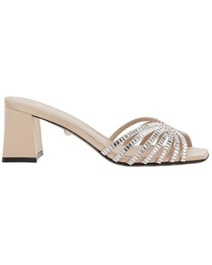 ALEVI 'Vittoria' Metallic Rhinestoned Sandals With Block Heel - Natural