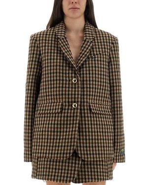 Ganni Checked Wool Blazer - Brown