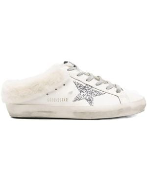 Golden Goose "Super Star" Sabot Leather Upper Glitter Star Shearling Lining Shoes - White