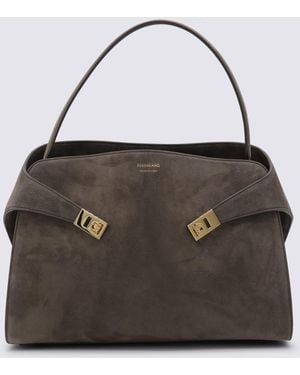 Ferragamo Dark Leather Suede Hug M Top Handle Bag - Black