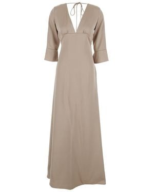 Plain Beige Maxi Dress With Front And Rear V Neck And Maxi Bow On The Rear In Cady Woman - Natural