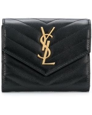 Saint Laurent Grain De Poudre Leather Cassandre Matelassé Compact Tri Fold Wallet Accessories - Black