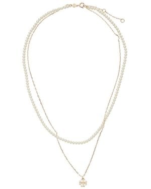 Tory Burch 'kira' Layered Necklace With Double T Pendant In Brass Blend Woman - White