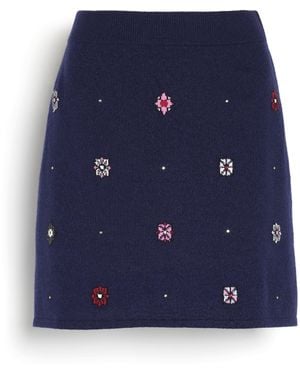Barrie Short Skirt In Cashmere And Cotton With Floral Motif - Blue