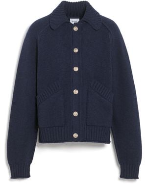 Barrie Chunky Cashmere Cardigan With Polo Collar And Gold Buttons - Blue