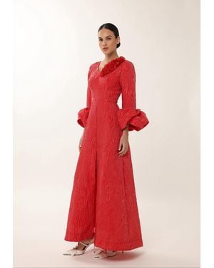Baruni Fayha Gown: Petal Cuff Jacquard Gown - Red
