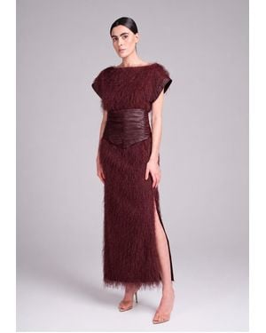 Baruni Razan Dress: Fringed Lurex Maxi With Leather Effect Corset Belt - Purple