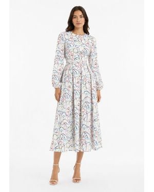 Baruni Abstract Print Midi Dress For Summer Occasions - White