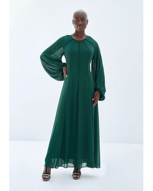 Baruni Asha Dress: Long Gathered Sleeve Georgette Maxi For Weddings - Green