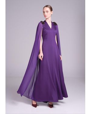 Baruni Diala Dress: V Neck Crepe Maxi With Georgette Cape Sleeves - Purple