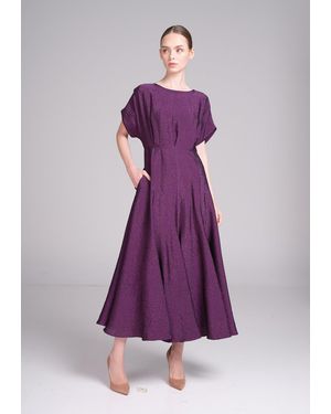Baruni Ruba Dress: Dropped Shoulder Jacquard Midi With Flared Skirt - Purple