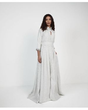 Baruni Zinnia Gown: Pleated Jacquard Shirt Dress With Floral Cuffs - White