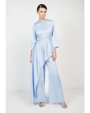Baruni Zz Set: Asymmetric Satin Top And Wide Leg Pants For Weddings - Blue