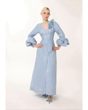 Baruni Fayha Gown: Petal Cuff Jacquard Gown - Blue