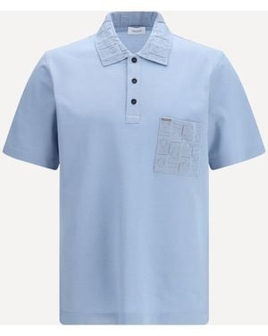 Ferragamo V-Neck Polo With Jacquard Pocket Detail - Blue