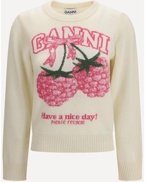 Ganni Crewneck Jumper With Raspberries Print - Pink