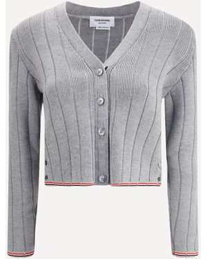 Thom Browne Ladder Full Needle Rib Stitch V Neck Car - Gray