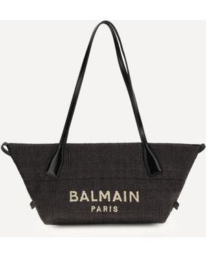 Balmain Calfskin And Raffia Track Shoulder Bag - Natural