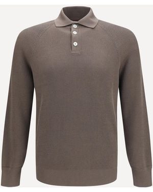 Brunello Cucinelli Long-Sleeve Knit Polo Shirt - Grey