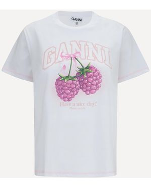 Ganni Cotton Raspberry T-Shirt - White