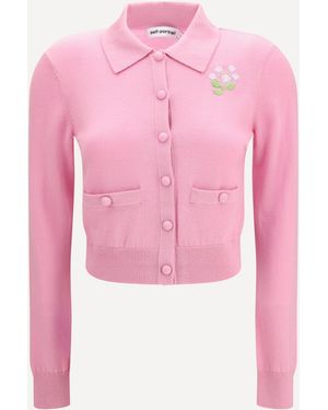 Self-Portrait Floral Embroidered Knit Cardigan - Pink