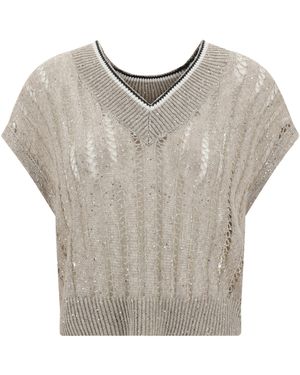 Brunello Cucinelli Gilet Traforato Con Paillettes - Grigio