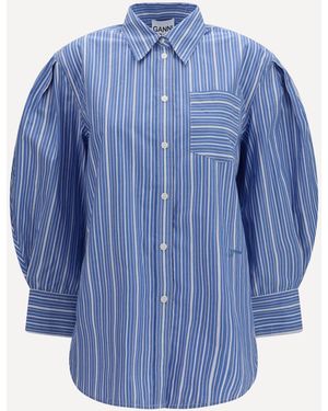 Ganni Striped Cotton T-Shirt - Blue