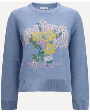 Ganni Flowers Wool Sweater - Blue