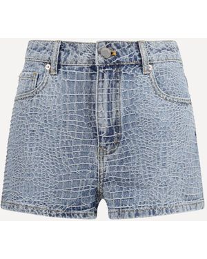 Self-Portrait Denim Shorts With Croc Effect And Rhinestones - Blue