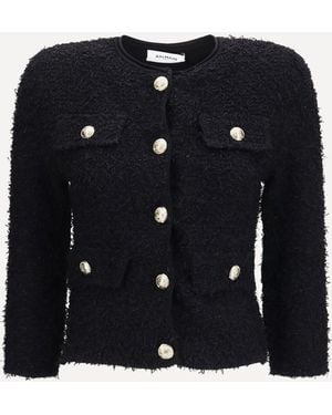 Balmain Double-Breasted Tweed Cropped Jacket With Logo Buttons - Black