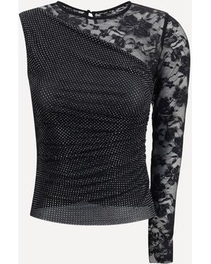 Self-Portrait One-Shoulder Lace And Rhinestone Top - Blue