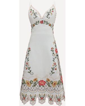 FARM Rio Embroidered Midi Dress With Asymmetrical Hem - White