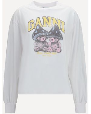Ganni Teddy Mushroom Long-Sleeve Cotton T-Shirt - White