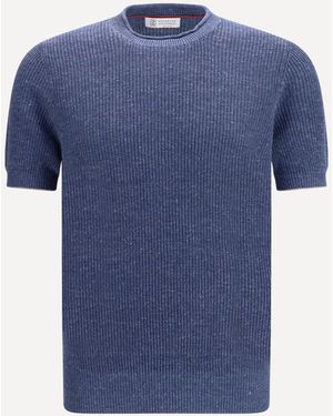 Brunello Cucinelli Cotton And Linen Knit T-Shirt - Blue