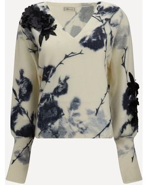 Blumarine Wool And Cashmere Sweater With Applied Roses - White