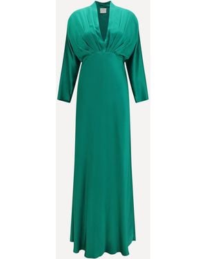 forte_forte Forte_Forte Silk Satin Long Dress With Royal V-Neck - Green