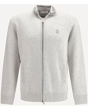 Brunello Cucinelli Double Cashmere Cardigan With Zip And Logo - White